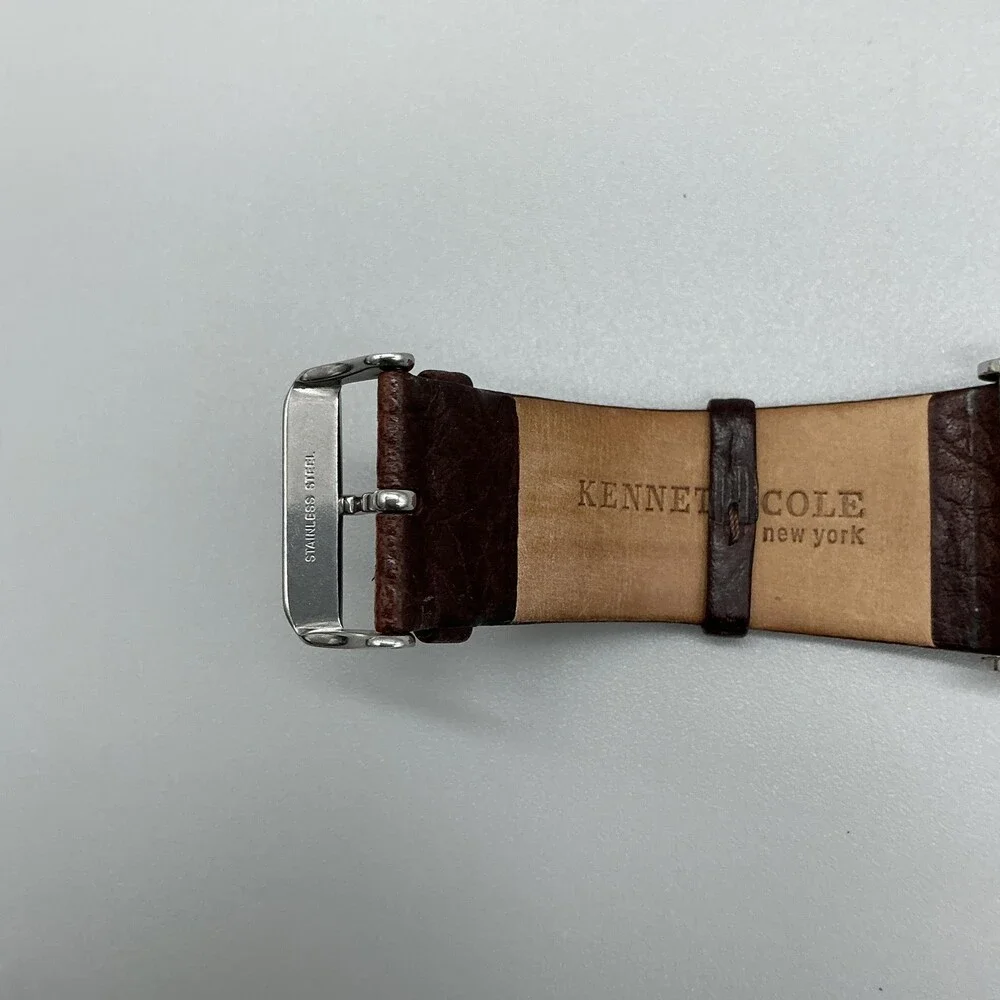 Kenneth Cole KC1238 Mens Watch 32mm Silver Tone Brown Leather Date New Battery